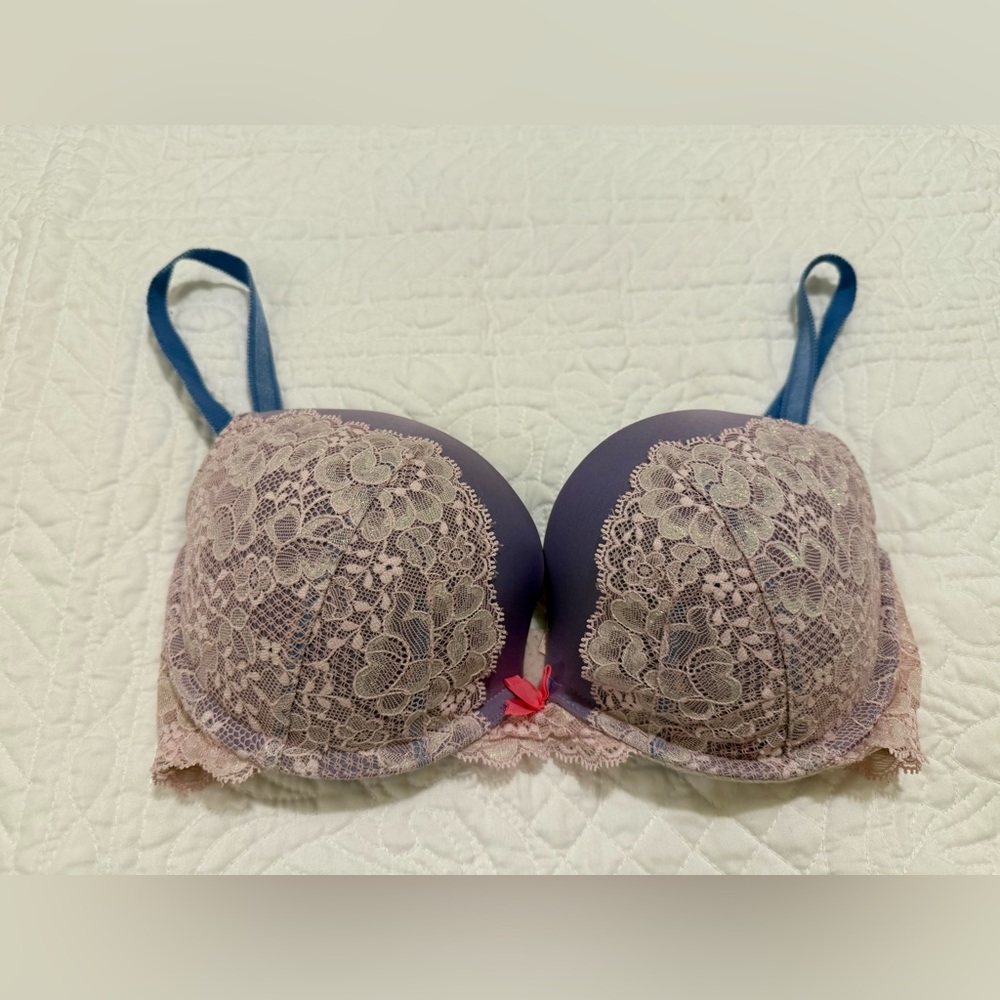 Lace Trimmed Blue and Pink Bra